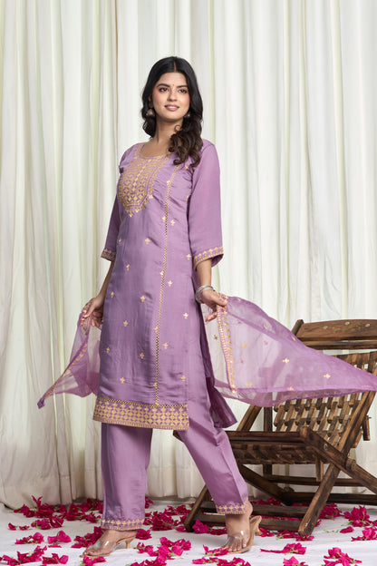 Purple Cotton Silk Embroidered 3-Piece Kurti Set
