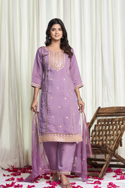 Purple Cotton Silk Embroidered 3-Piece Kurti Set