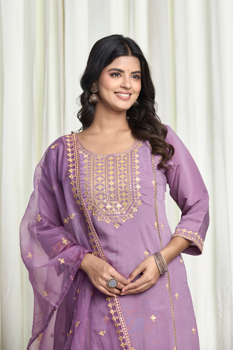 Purple Cotton Silk Embroidered 3-Piece Kurti Set