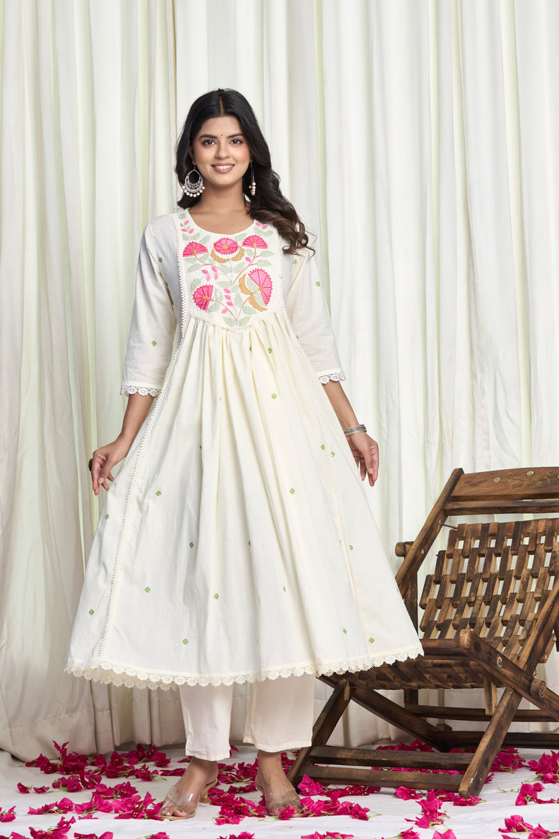 Blossom Aura – White Floral Embroidered Straight Kurta Salwar Suit with white Dupatta