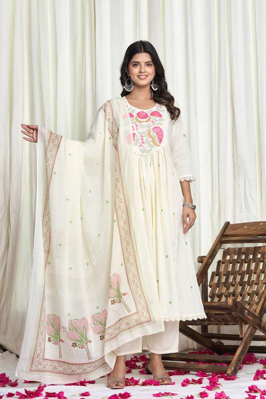 Blossom Aura – White Floral Embroidered Straight Kurta Salwar Suit with white Dupatta