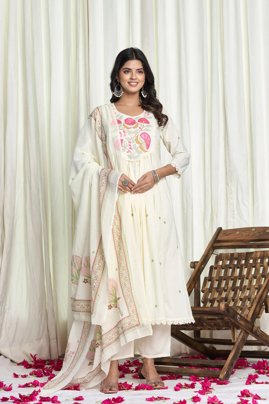 Blossom Aura – White Floral Embroidered Straight Kurta Salwar Suit with white Dupatta