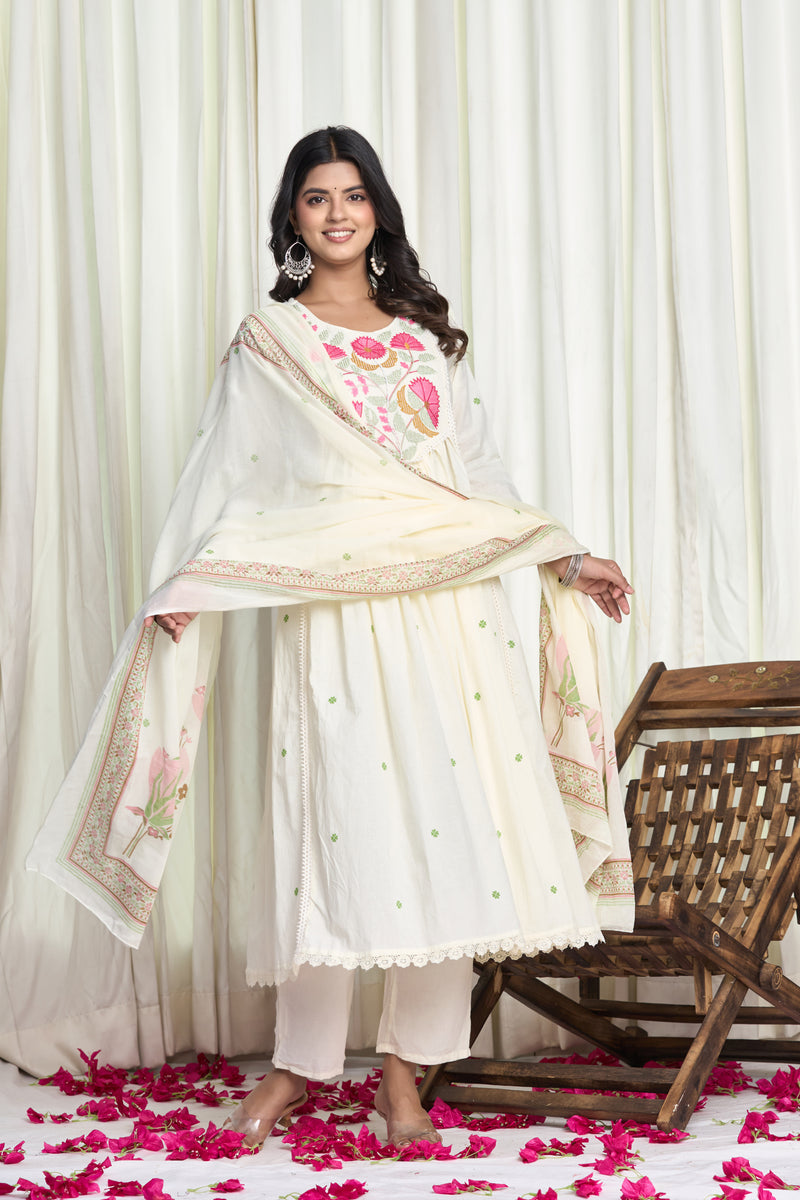 Blossom Aura – White Floral Embroidered Straight Kurta Salwar Suit with white Dupatta