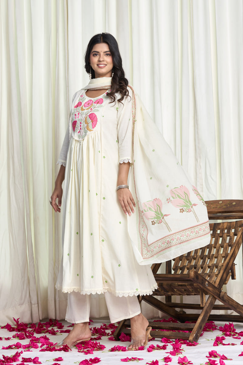 Blossom Aura – White Floral Embroidered Straight Kurta Salwar Suit with white Dupatta