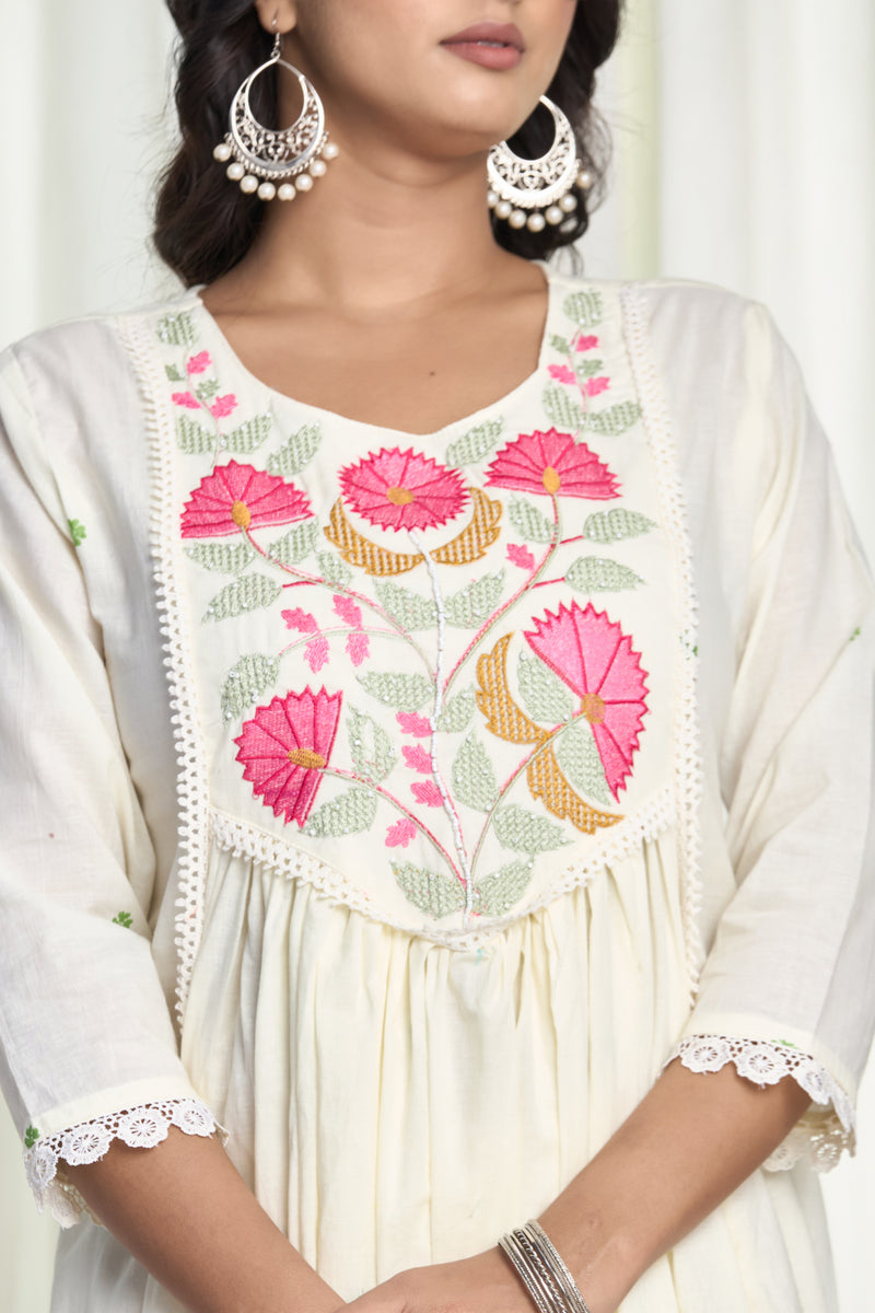 Blossom Aura – White Floral Embroidered Straight Kurta Salwar Suit with white Dupatta