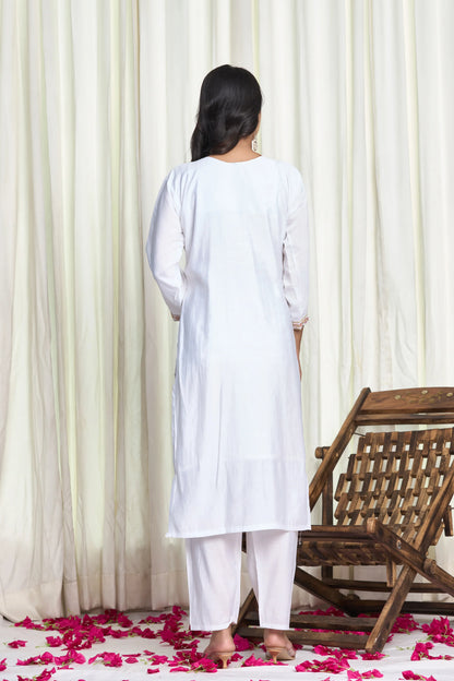 White Roman Silk Embroidered Kurti Set – 3 Piece Festive Suit with Pink Dupatta