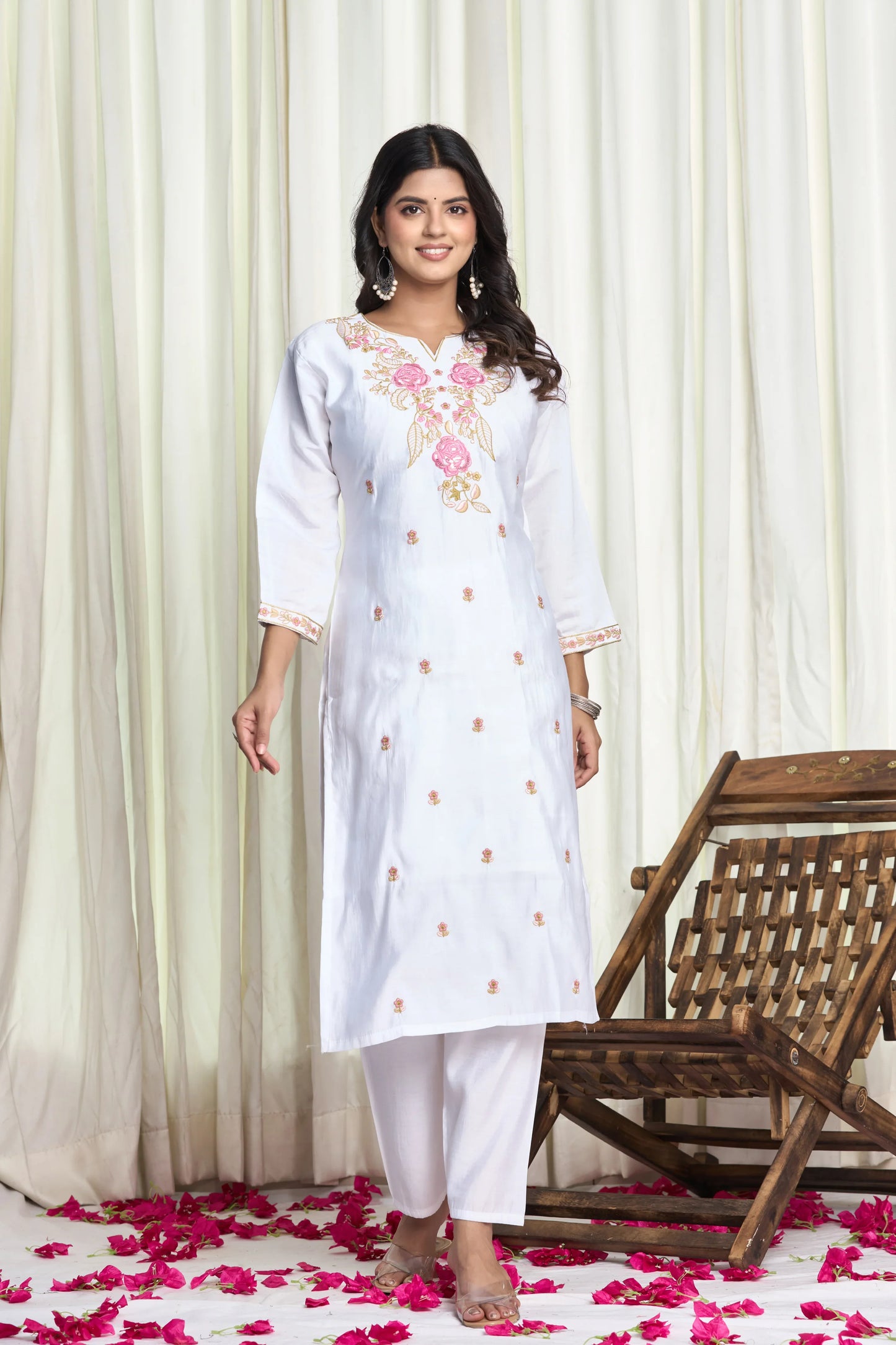 White Roman Silk Embroidered Kurti Set – 3 Piece Festive Suit with Pink Dupatta