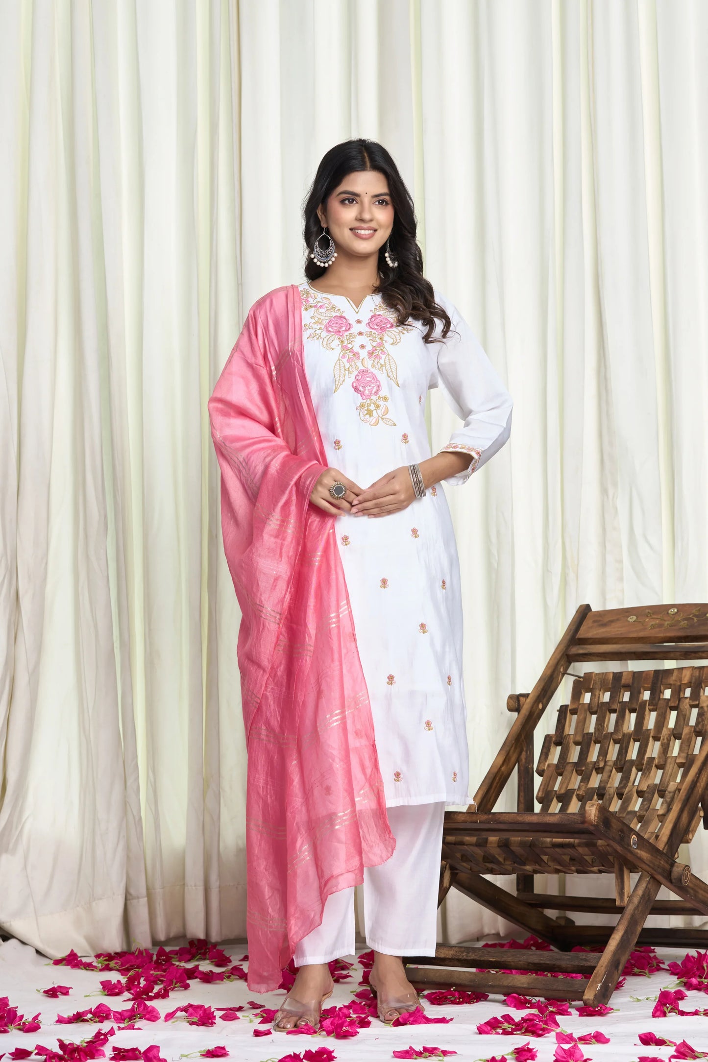 White Roman Silk Embroidered Kurti Set – 3 Piece Festive Suit with Pink Dupatta
