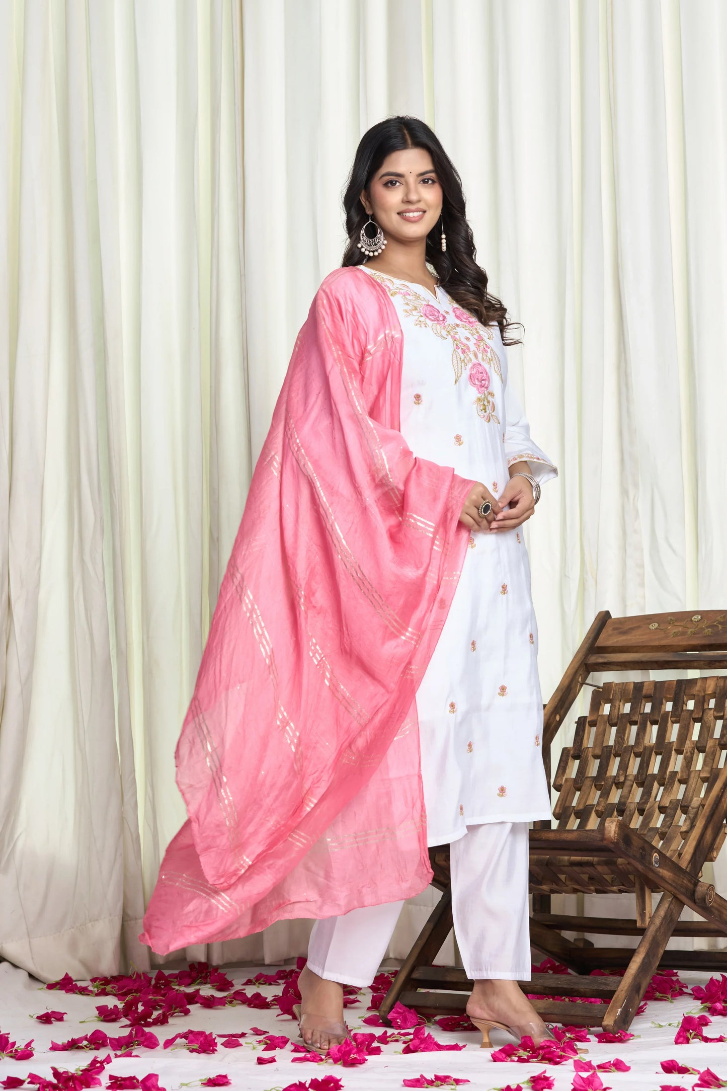 White Roman Silk Embroidered Kurti Set – 3 Piece Festive Suit with Pink Dupatta