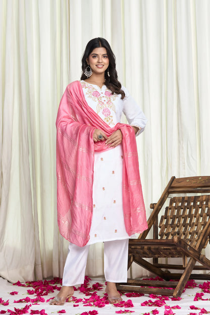 White Roman Silk Embroidered Kurti Set – 3 Piece Festive Suit with Pink Dupatta