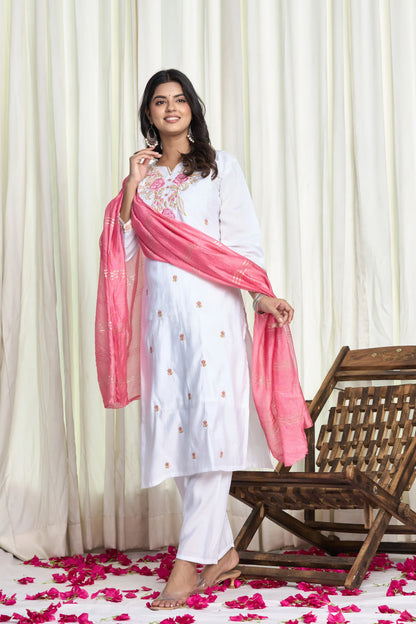 White Roman Silk Embroidered Kurti Set – 3 Piece Festive Suit with Pink Dupatta