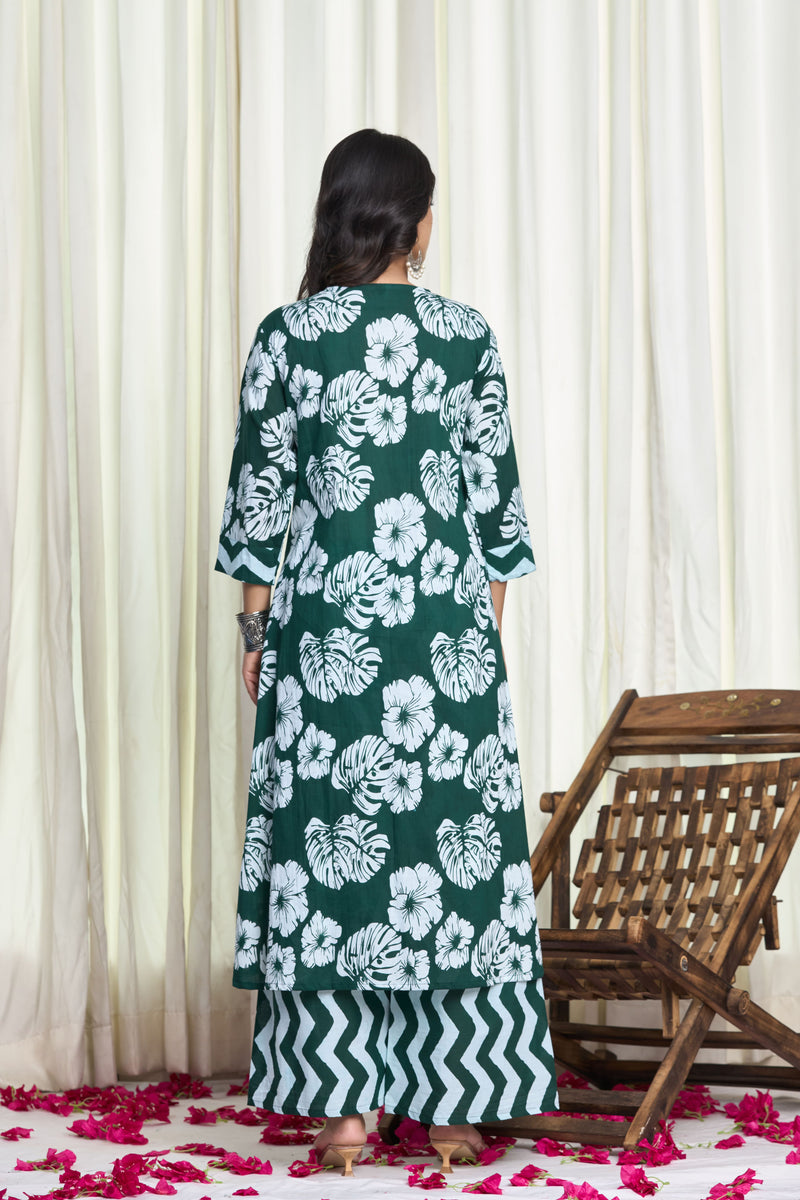 Green Cotton Floral Print Kurta Set with Chevron Palazzo – Mehka Sawan