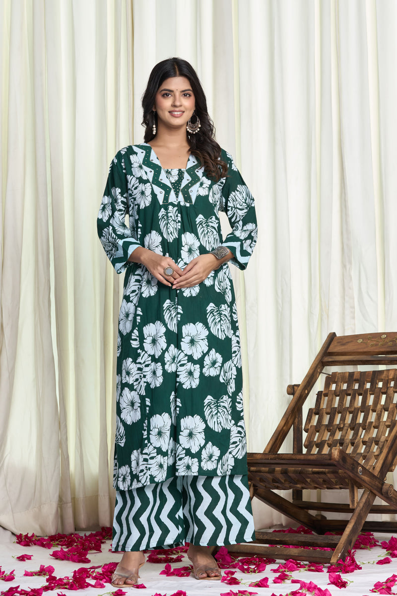 Green Cotton Floral Print Kurta Set with Chevron Palazzo – Mehka Sawan