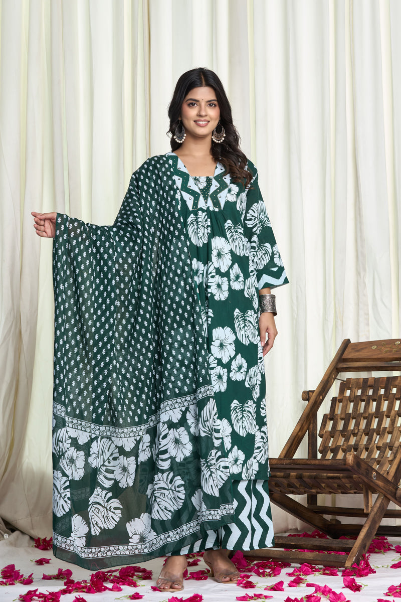 Green Cotton Floral Print Kurta Set with Chevron Palazzo – Mehka Sawan