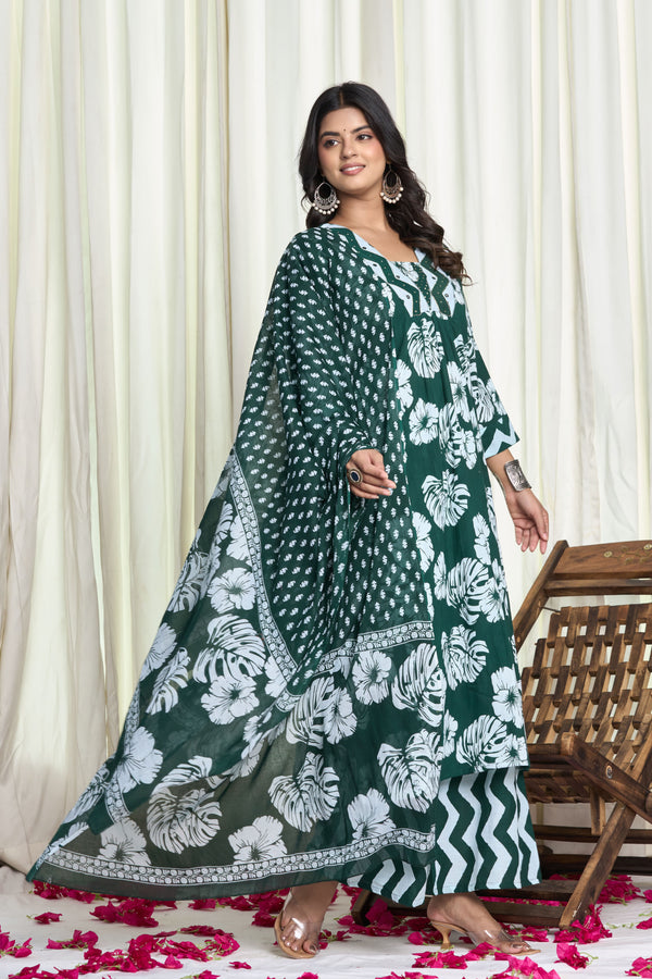 Green Cotton Floral Print Kurta Set with Chevron Palazzo – Mehka Sawan