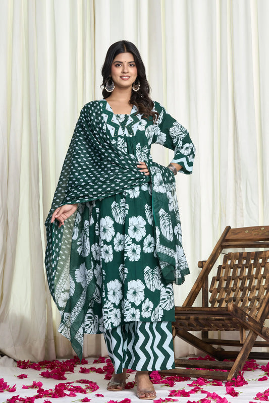 Green Cotton Floral Print Kurta Set with Chevron Palazzo – Mehka Sawan