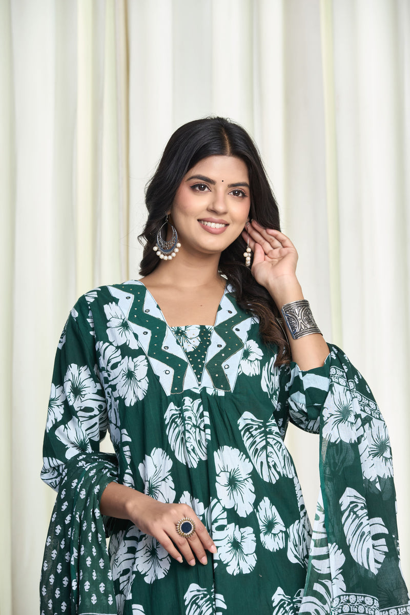 Green Cotton Floral Print Kurta Set with Chevron Palazzo – Mehka Sawan
