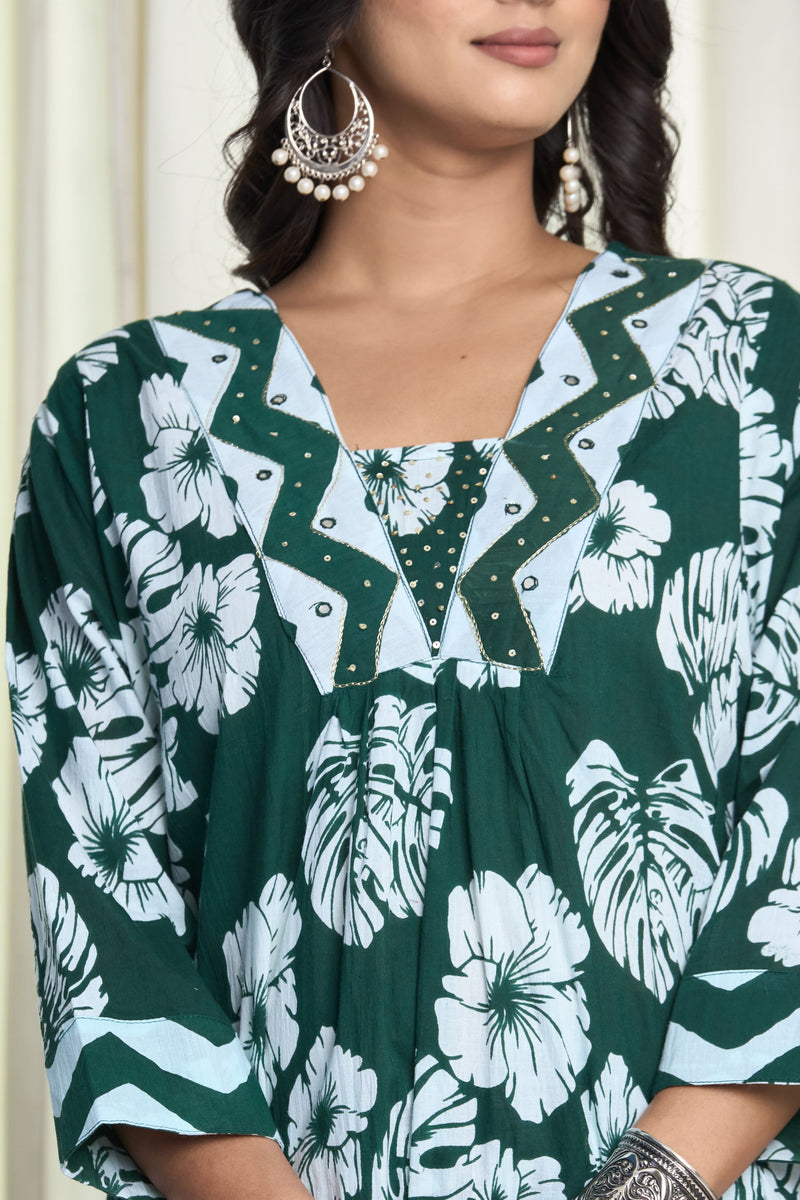 Green Cotton Floral Print Kurta Set with Chevron Palazzo – Mehka Sawan
