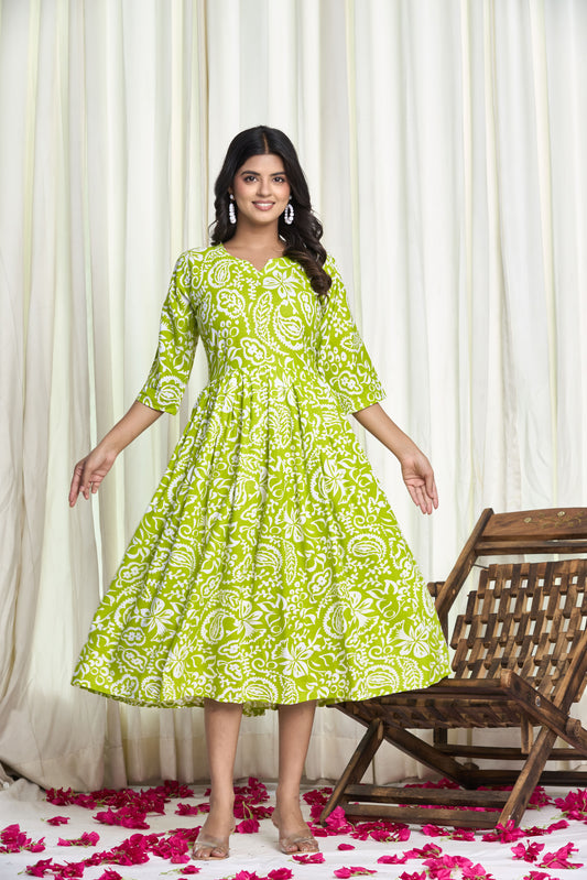 Lime Green Cotton Floral Print Anarkali Kurta Dress – Floral Fizz