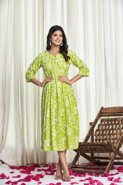 Lime Green Cotton Floral Print Anarkali Kurta Dress – Floral Fizz