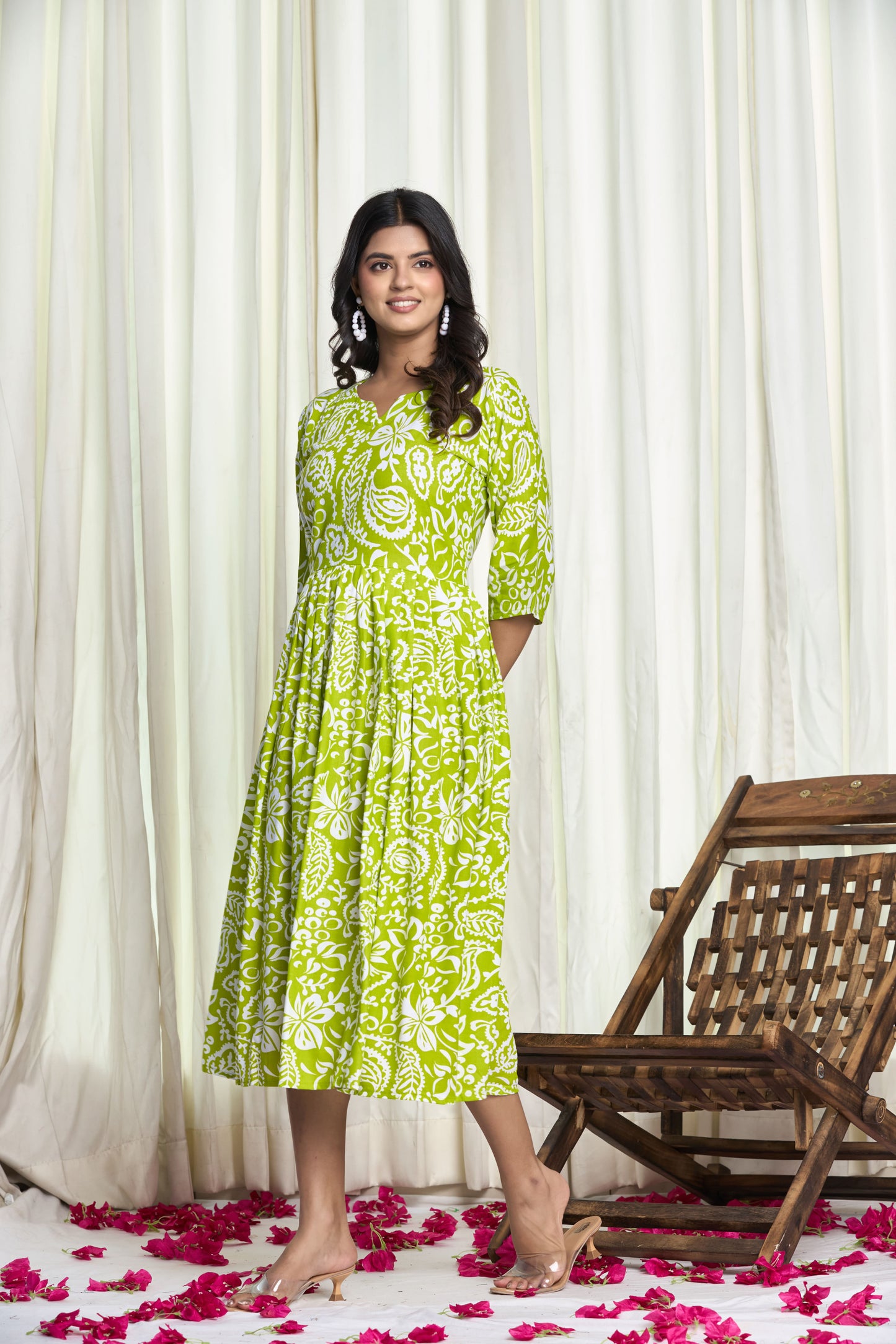 Lime Green Cotton Floral Print Anarkali Kurta Dress – Floral Fizz