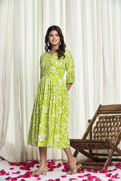 Lime Green Cotton Floral Print Anarkali Kurta Dress – Floral Fizz