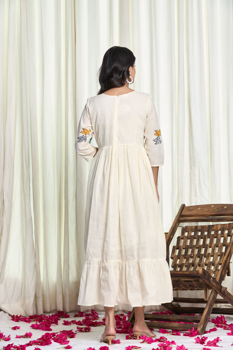 Off-White Cotton Bird Motif Flared Kurti Dress – Chidiya Kurti