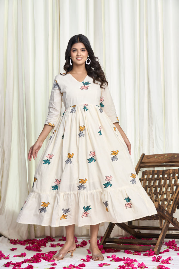 Off-White Cotton Bird Motif Flared Kurti Dress – Chidiya Kurti