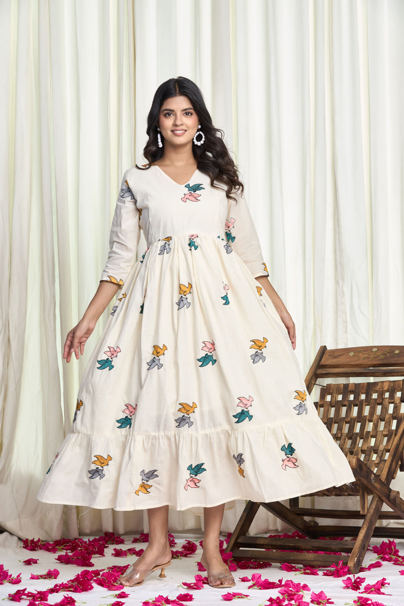 Off-White Cotton Bird Motif Flared Kurti Dress – Chidiya Kurti