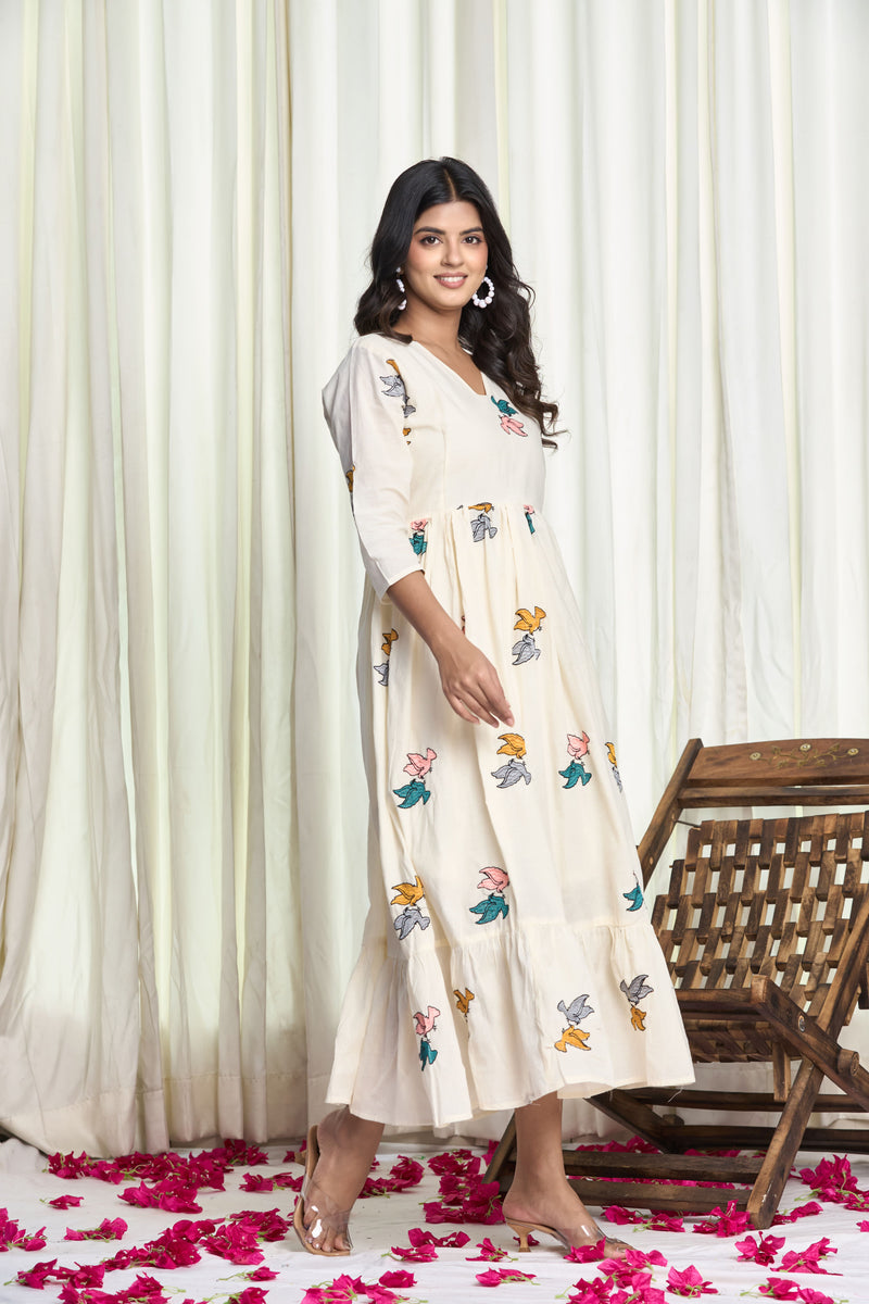 Off-White Cotton Bird Motif Flared Kurti Dress – Chidiya Kurti