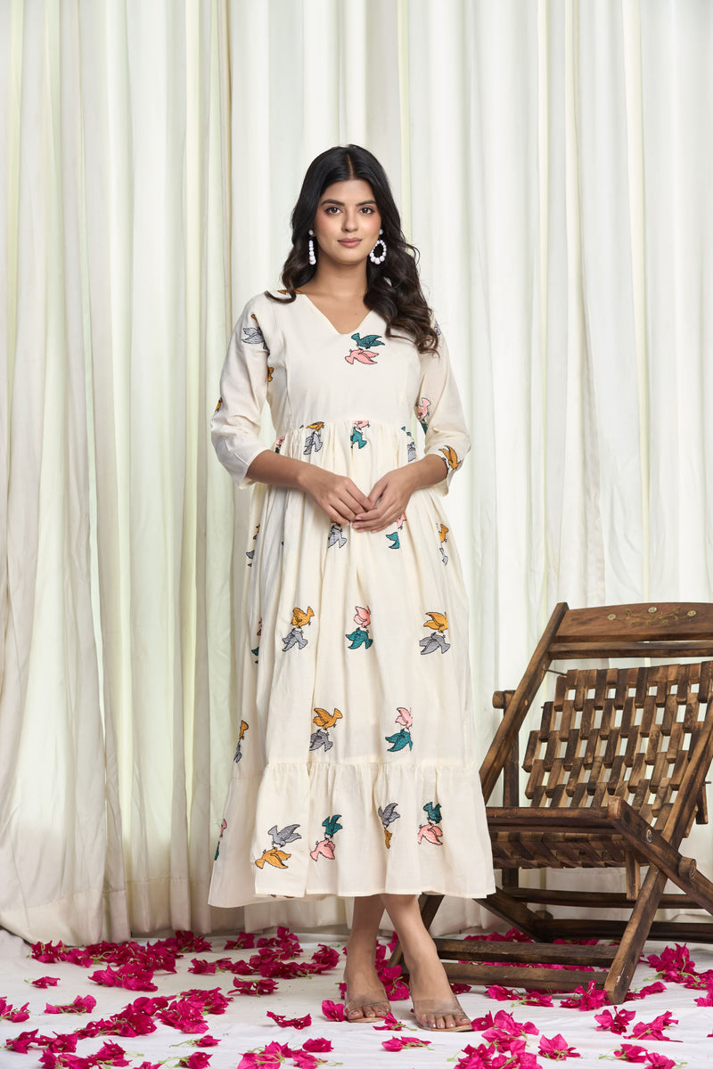 Off-White Cotton Bird Motif Flared Kurti Dress – Chidiya Kurti