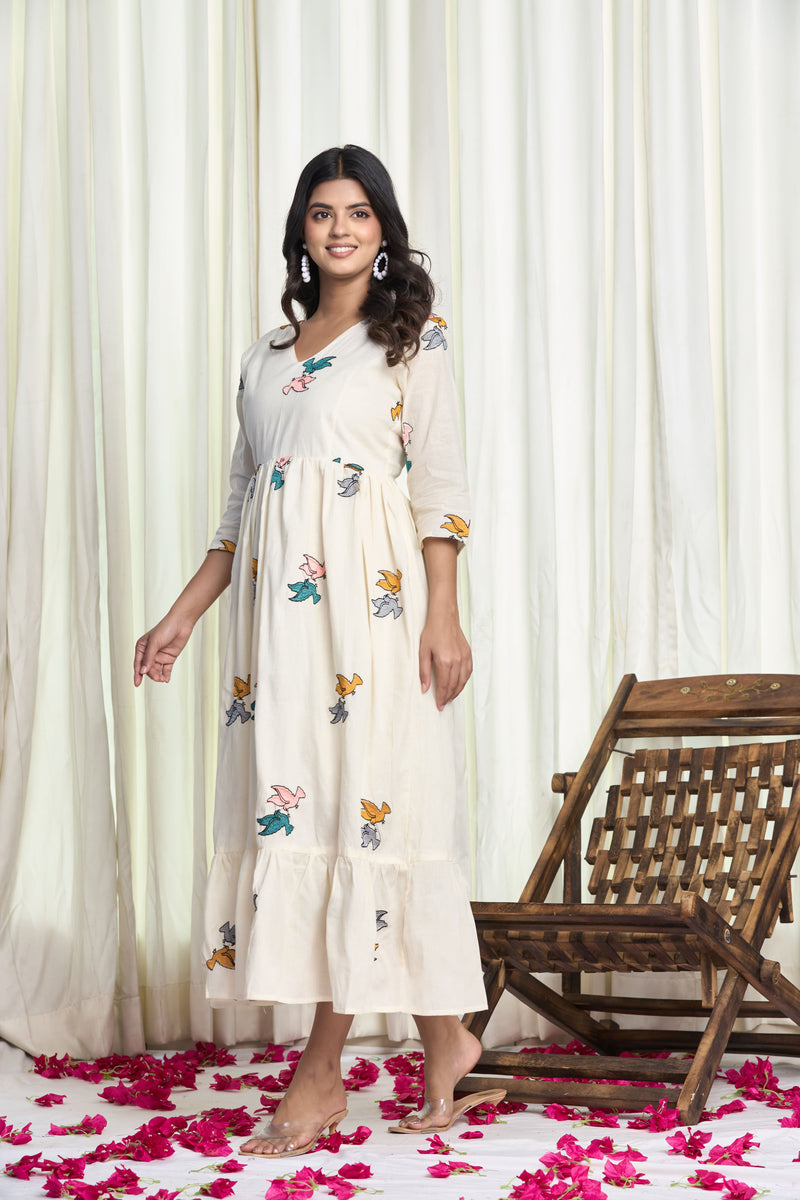 Off-White Cotton Bird Motif Flared Kurti Dress – Chidiya Kurti