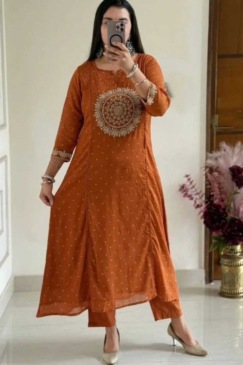 Rust Orange Embroidered Suit Set