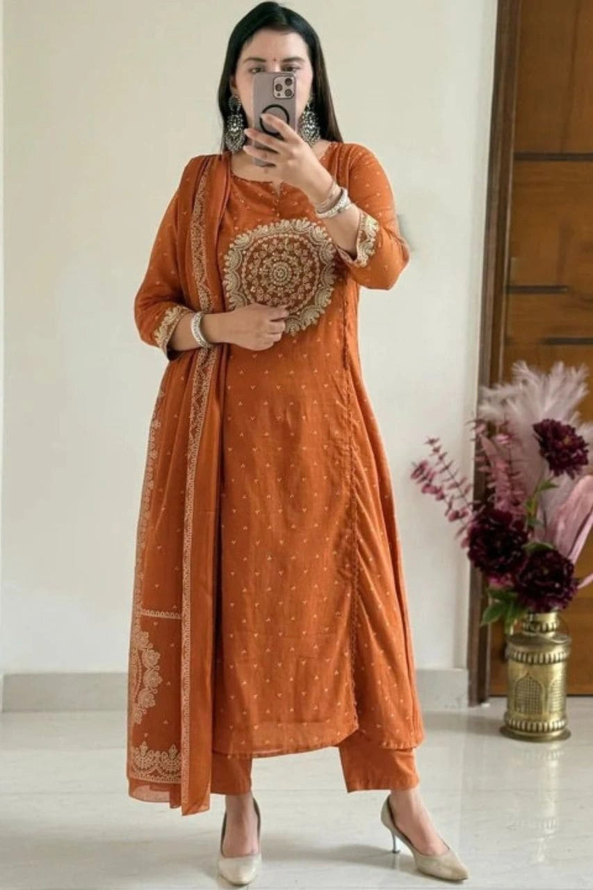 Rust Orange Embroidered Suit Set