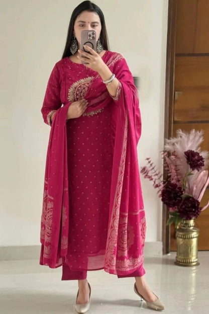 Magenta Pink Embroidered Suit Set