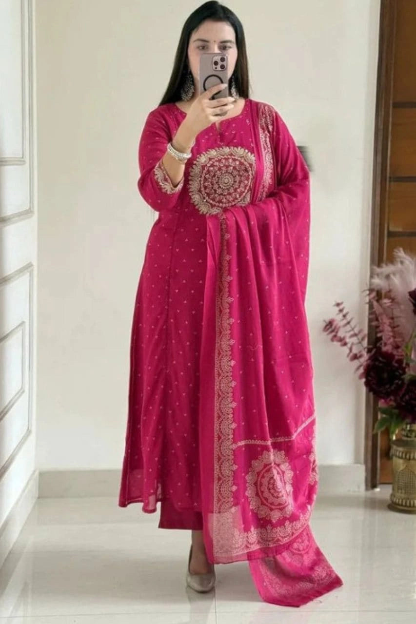 Magenta Pink Embroidered Suit Set