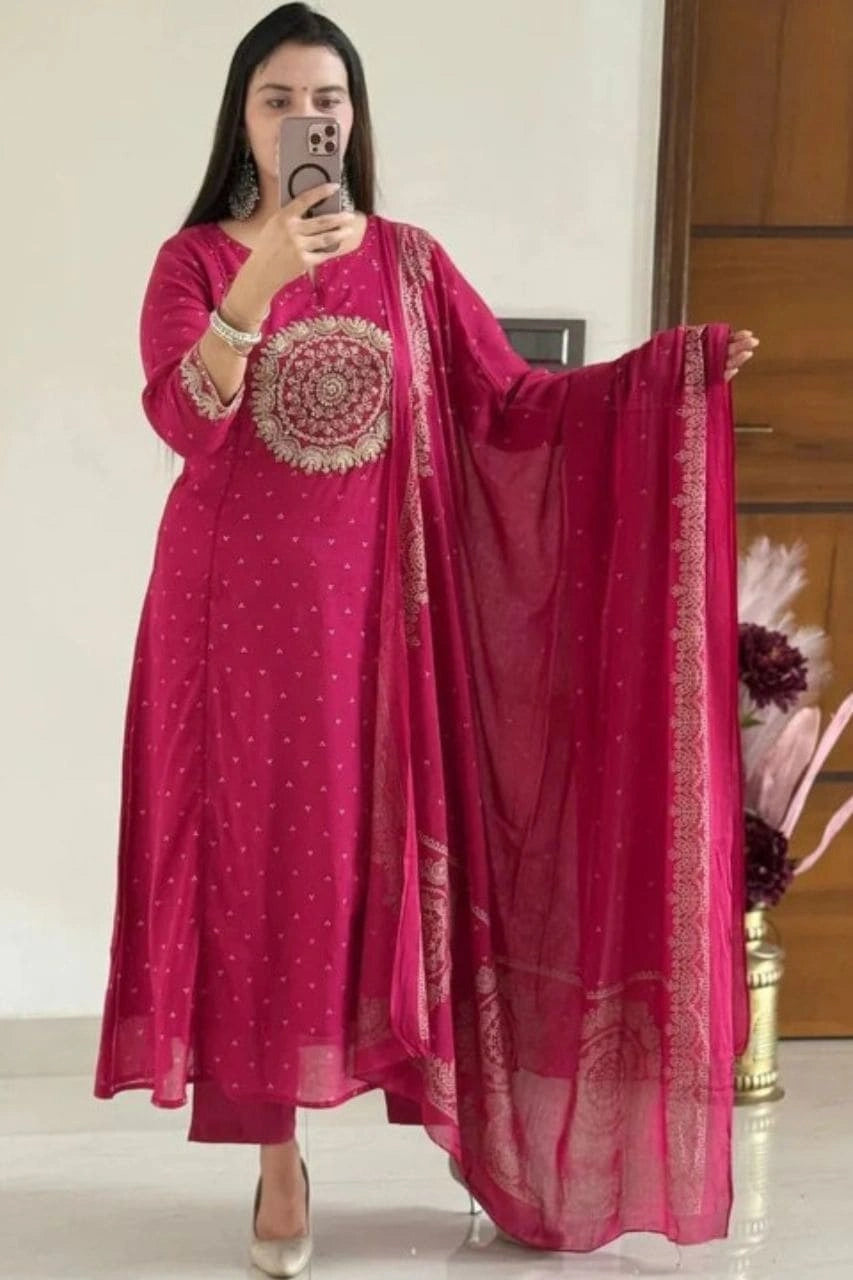 Magenta Pink Embroidered Suit Set