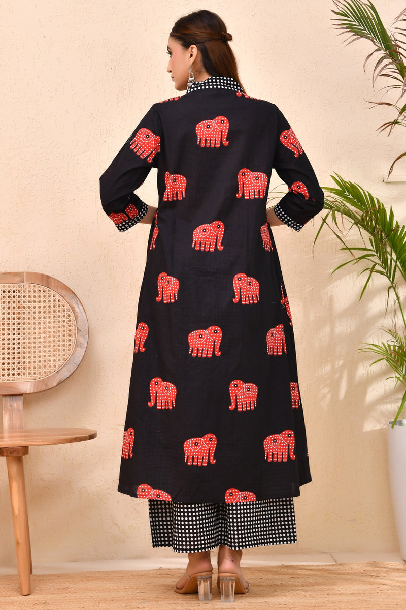 Black Cotton Elephant Print Kurta Set with Mirror Neck – Gajraas