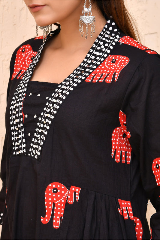 Black Cotton Elephant Print Kurta Set with Mirror Neck – Gajraas