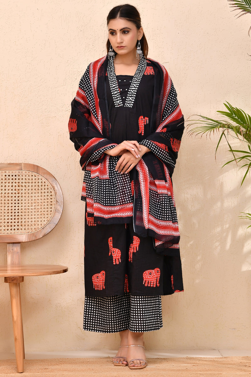 Black Cotton Elephant Print Kurta Set with Mirror Neck – Gajraas