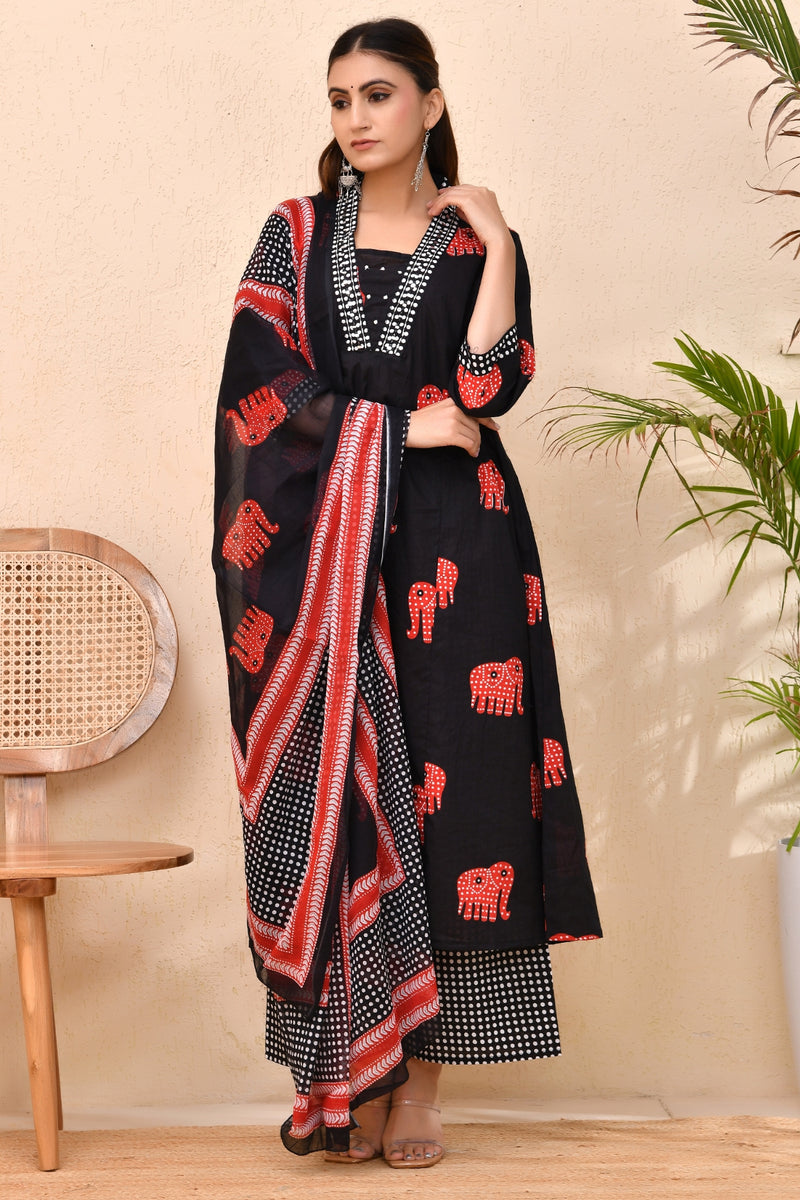 Black Cotton Elephant Print Kurta Set with Mirror Neck – Gajraas
