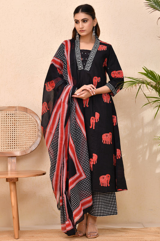Black Cotton Elephant Print Kurta Set with Mirror Neck – Gajraas
