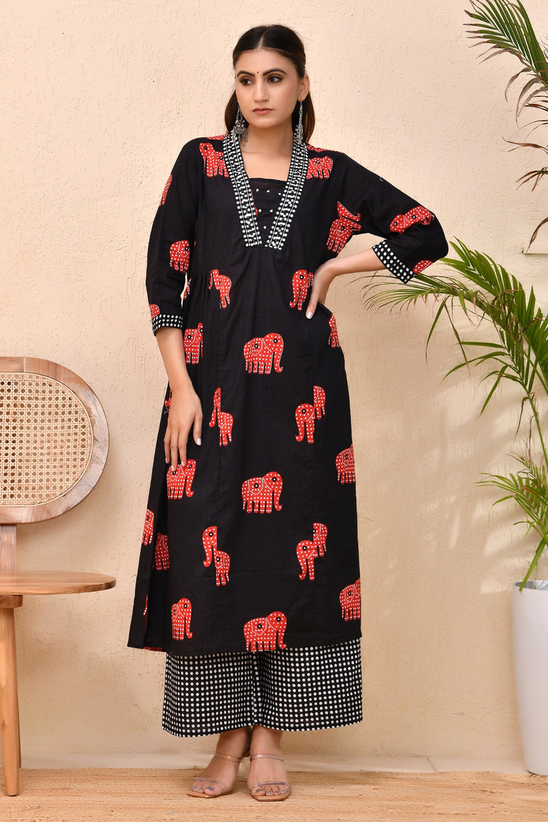 Black Cotton Elephant Print Kurta Set with Mirror Neck – Gajraas