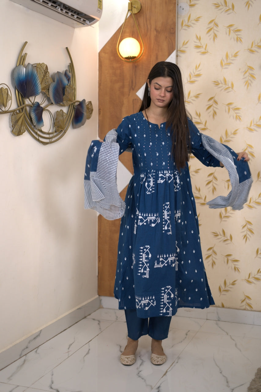 Blue Indigo Printed Anarkali Suit Set With Dupatta