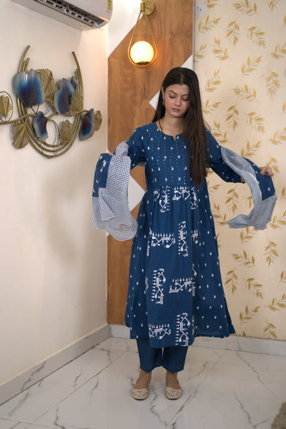 Blue Indigo Printed Anarkali Suit Set With Dupatta