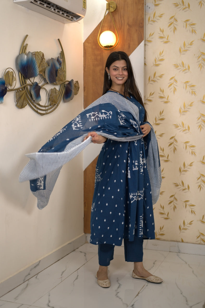 Blue Indigo Printed Anarkali Suit Set With Dupatta