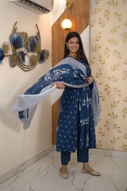 Blue Indigo Printed Anarkali Suit Set With Dupatta