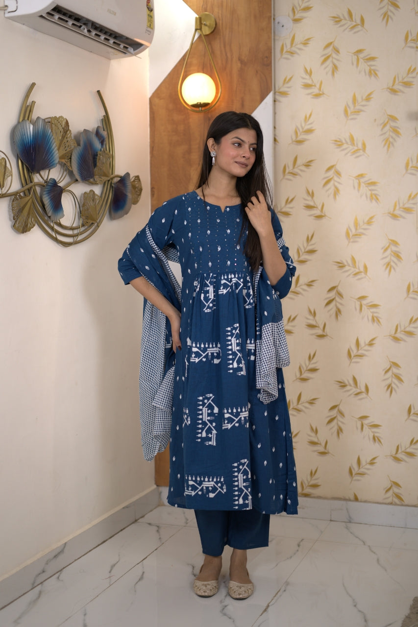 Blue Indigo Printed Anarkali Suit Set With Dupatta