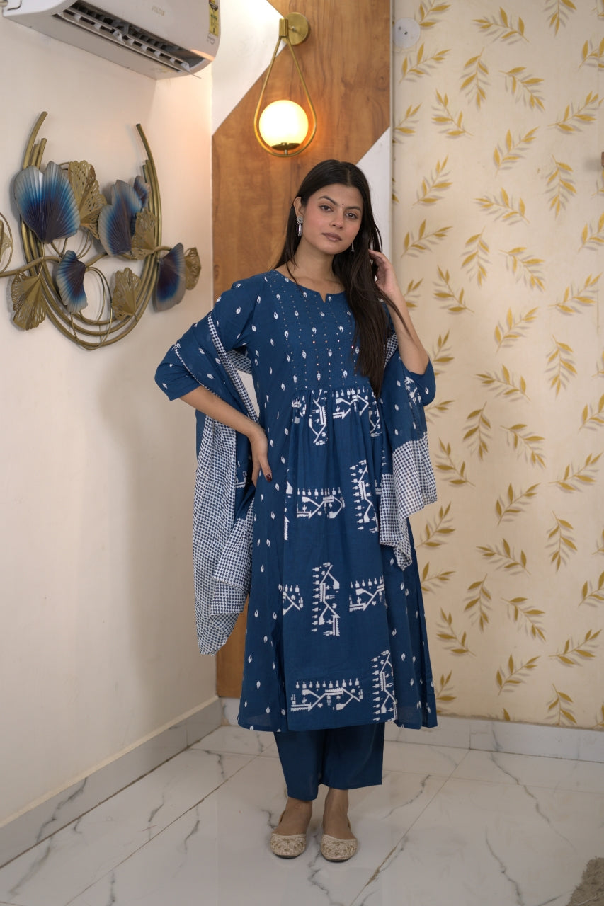 Blue Indigo Printed Anarkali Suit Set With Dupatta