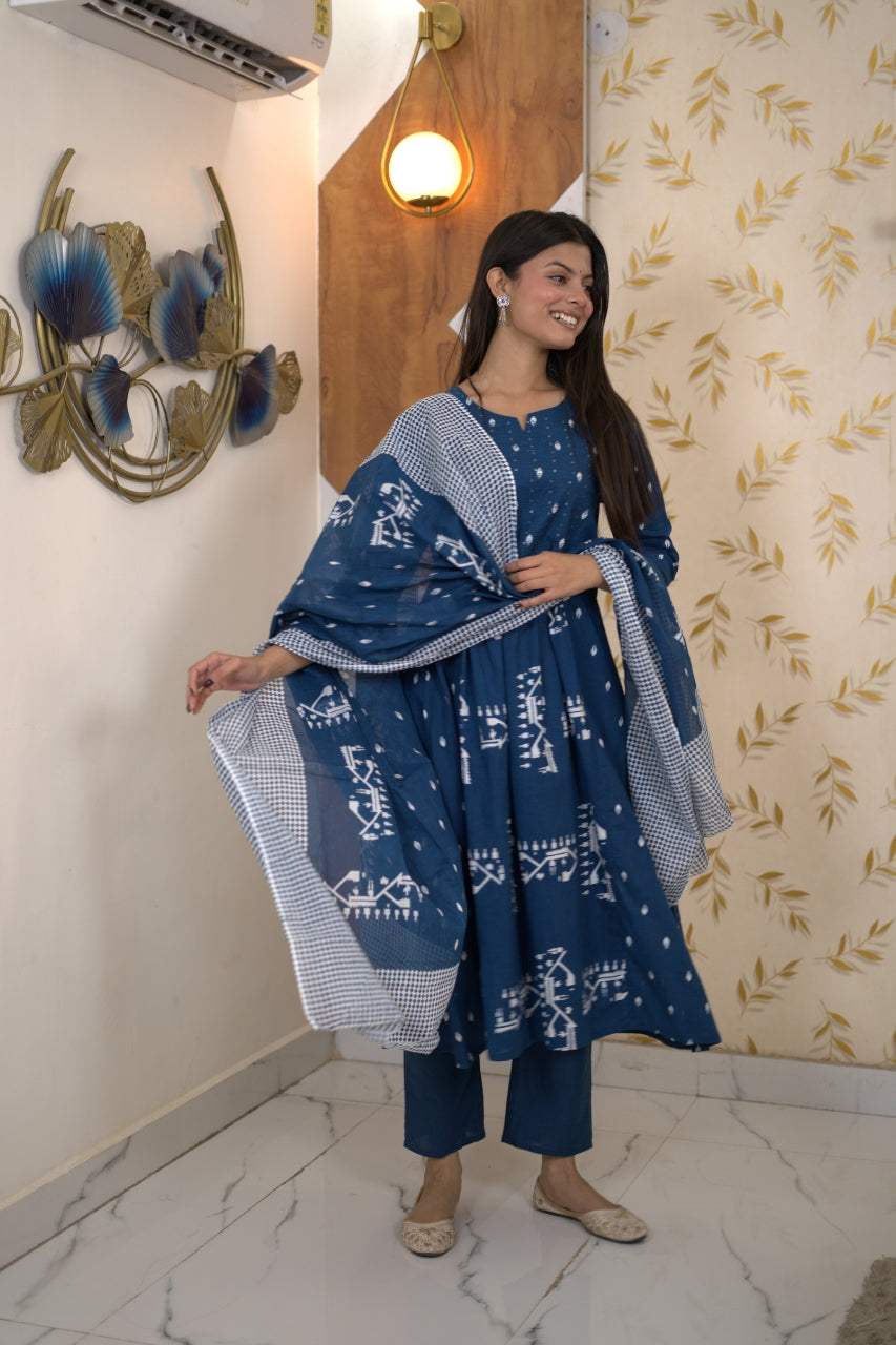 Blue Indigo Printed Anarkali Suit Set With Dupatta